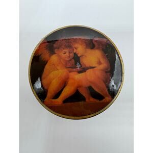 Vintage Russian Lacquer Trinket Jewelry Box Cherubs Scene Black Gold‎ Round 4.5”
